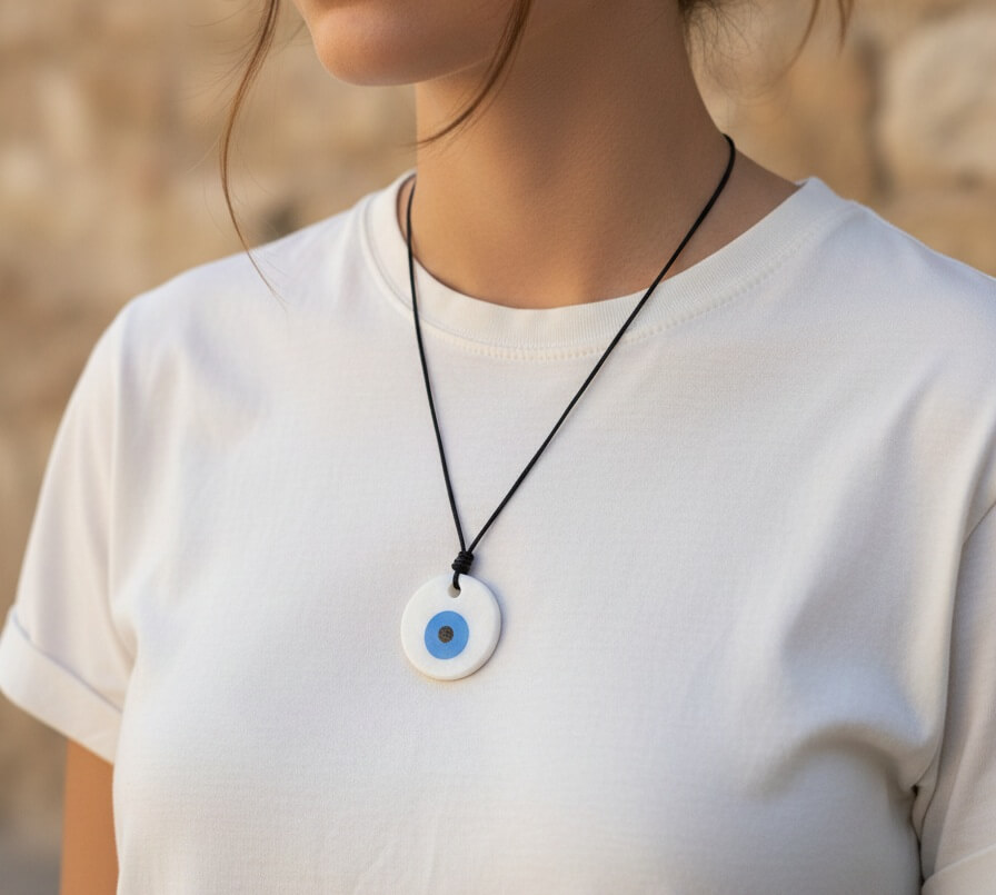 Κολιέ Μάτι από Λευκό Μάρμαρο Θάσου – Χειροποίητο Ματάκι με Σμάλτο & Μαύρο Κορδόνι