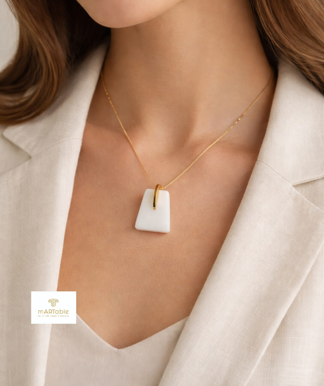 DUO 05 – Monolith Trapeze Αρχιτεκτονικό Κολιέ Τραπεζίου από Λευκό Μάρμαρο Θάσου & Επιχρυσωμένο Ασήμι 925